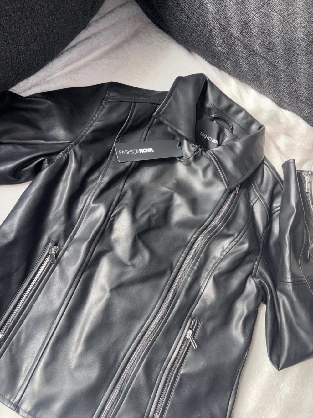 Fashion Nova Black Faux Leather Zip-Front Moto Jacket